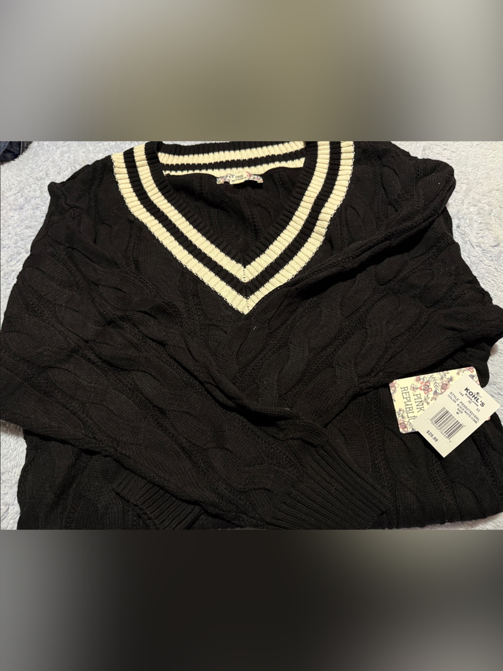 Pink Republic Black Cable Knit V-Neck Sweater with Cream Stripes